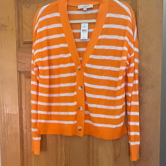 LOFT Orange and White Striped Cardigan - Picture 1 of 10